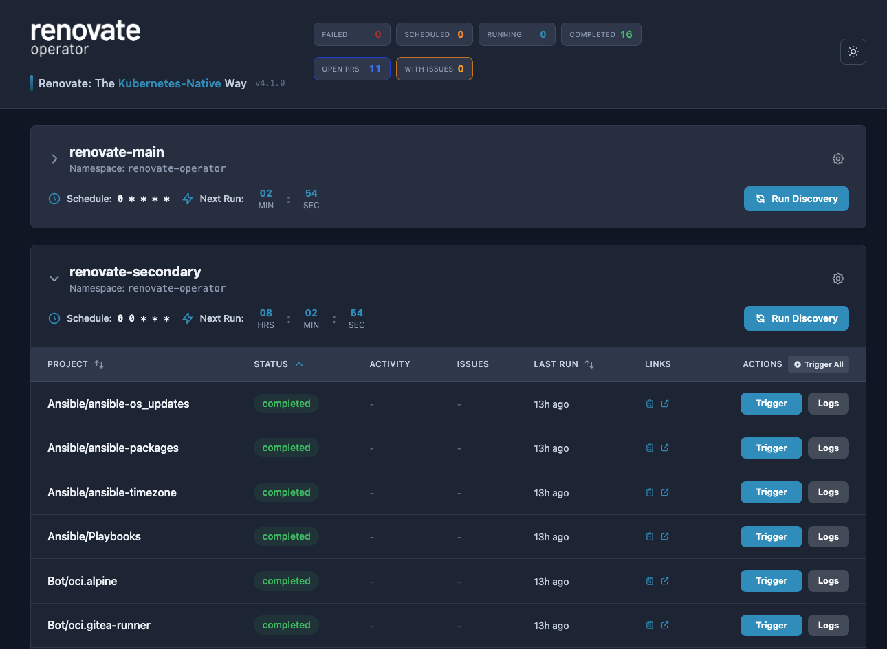 Renovate Operator Web UI showing discovered projects and job status