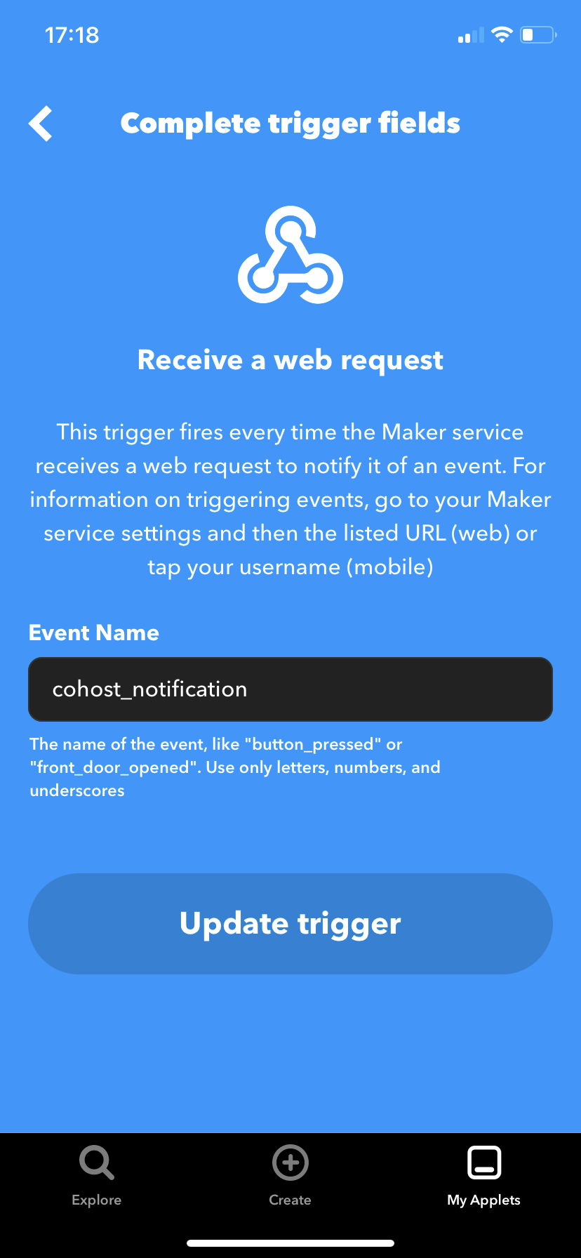 In the Webhook trigger, the event name should be "cohost_notification" (without the quotes).