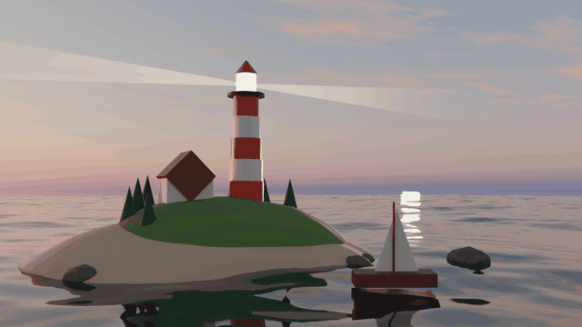 A stylized lighthouse island at sunset with a rotating beam, a bobbing sailboat and moving ocean waves