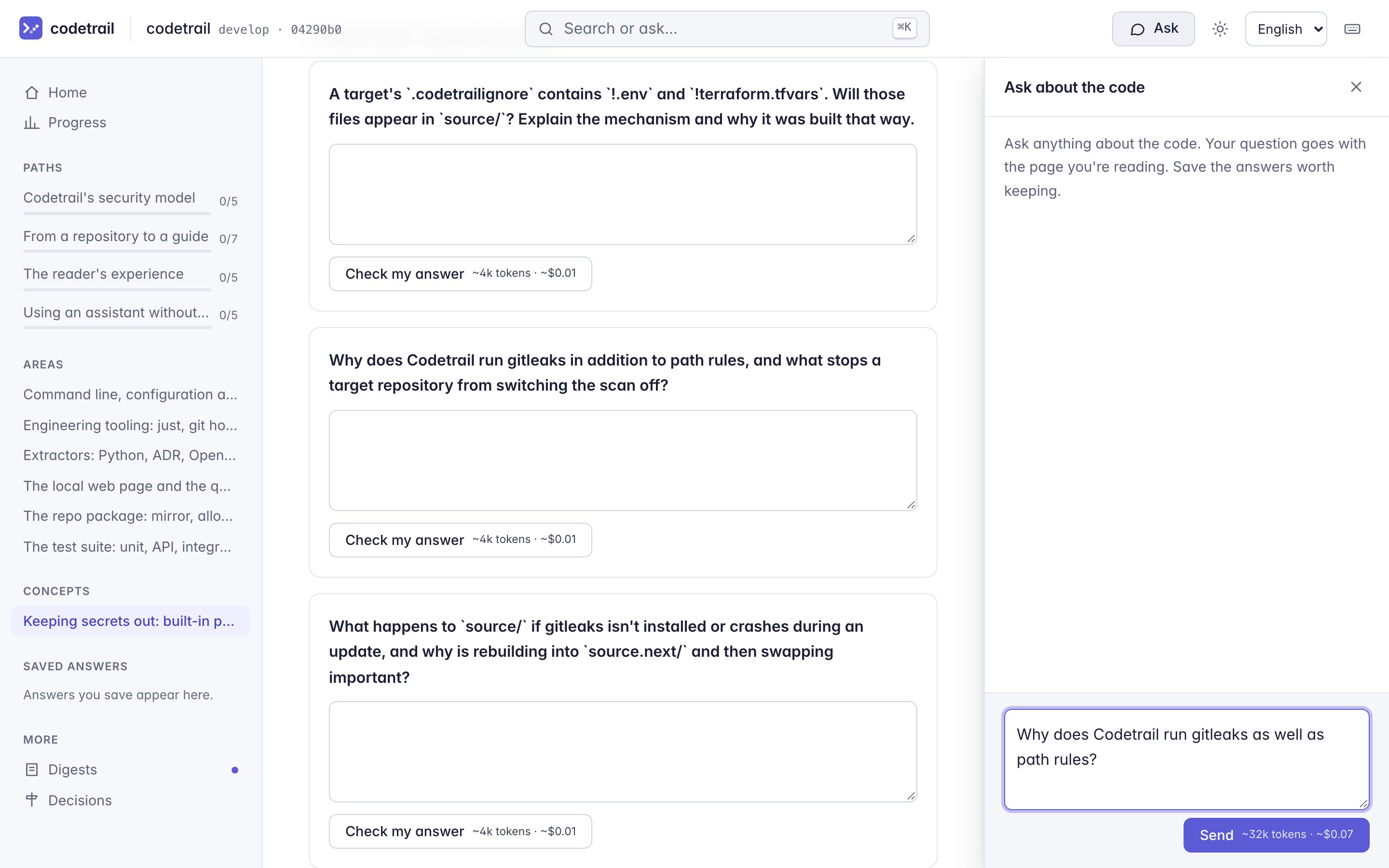The Ask panel beside a page, with a question ready to send and its estimate on the button