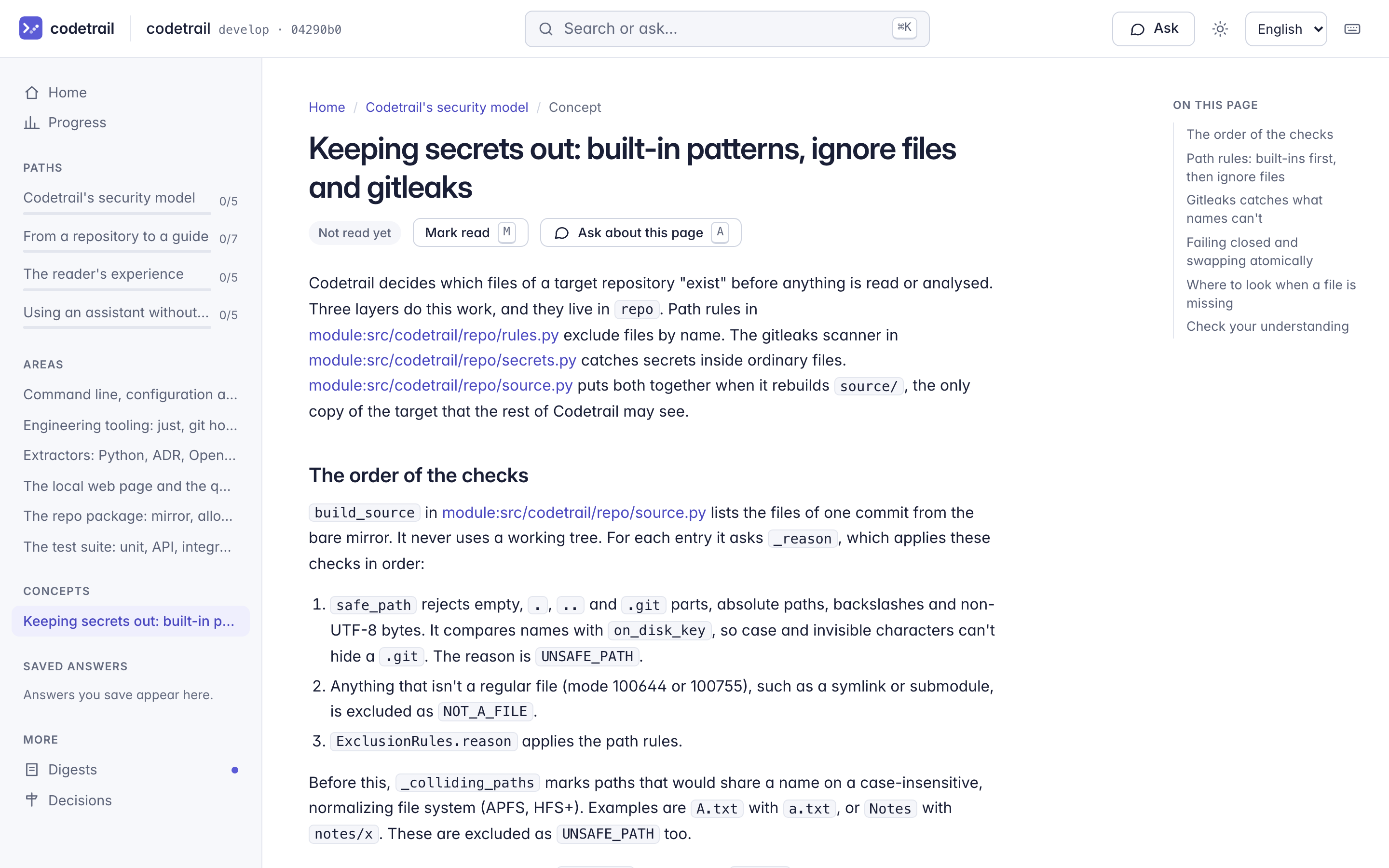 A concept page in a guided path, with its outline and its documented and inferred blocks