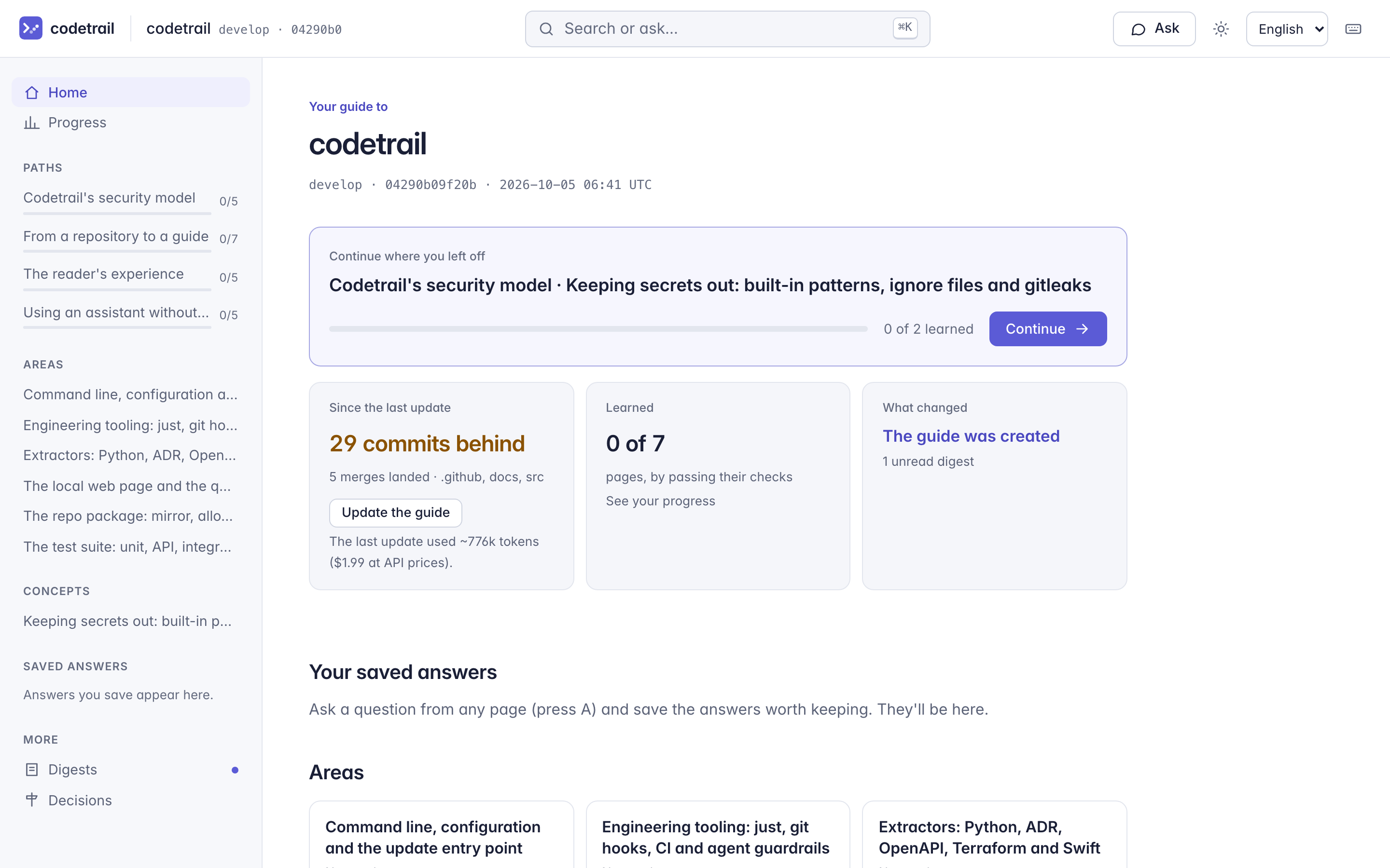 Codetrail's home page for its own repository: where to continue, how far behind the guide is, what you've learned and what changed