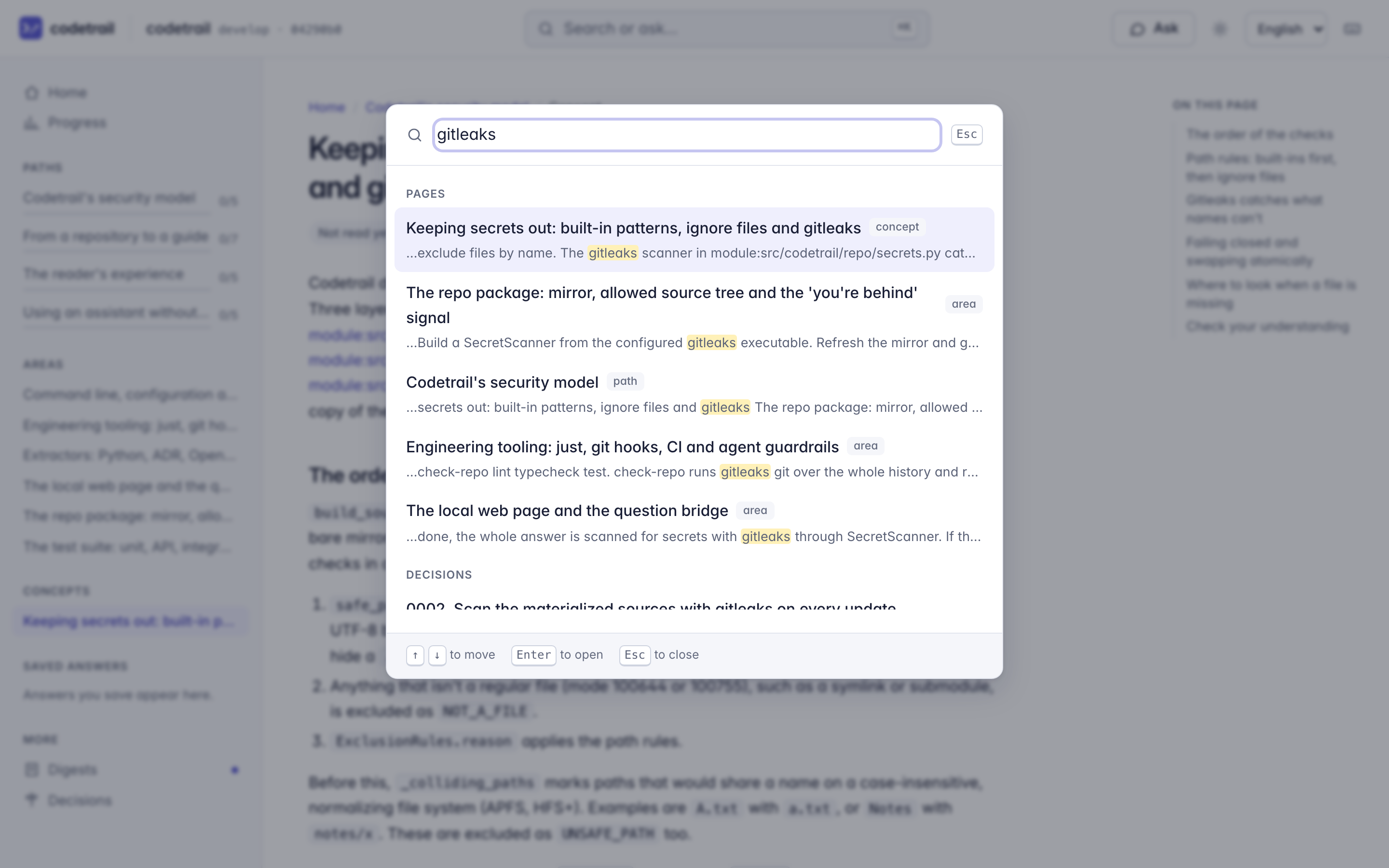 The command palette finding pages, decisions and facts as you type