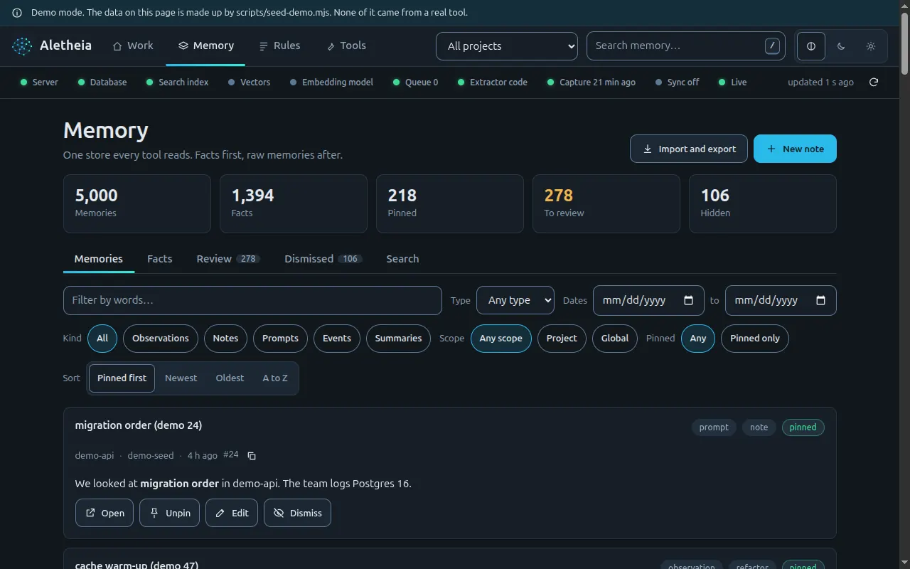 The Memory tab: search, edit, pin and export what Aletheia stored