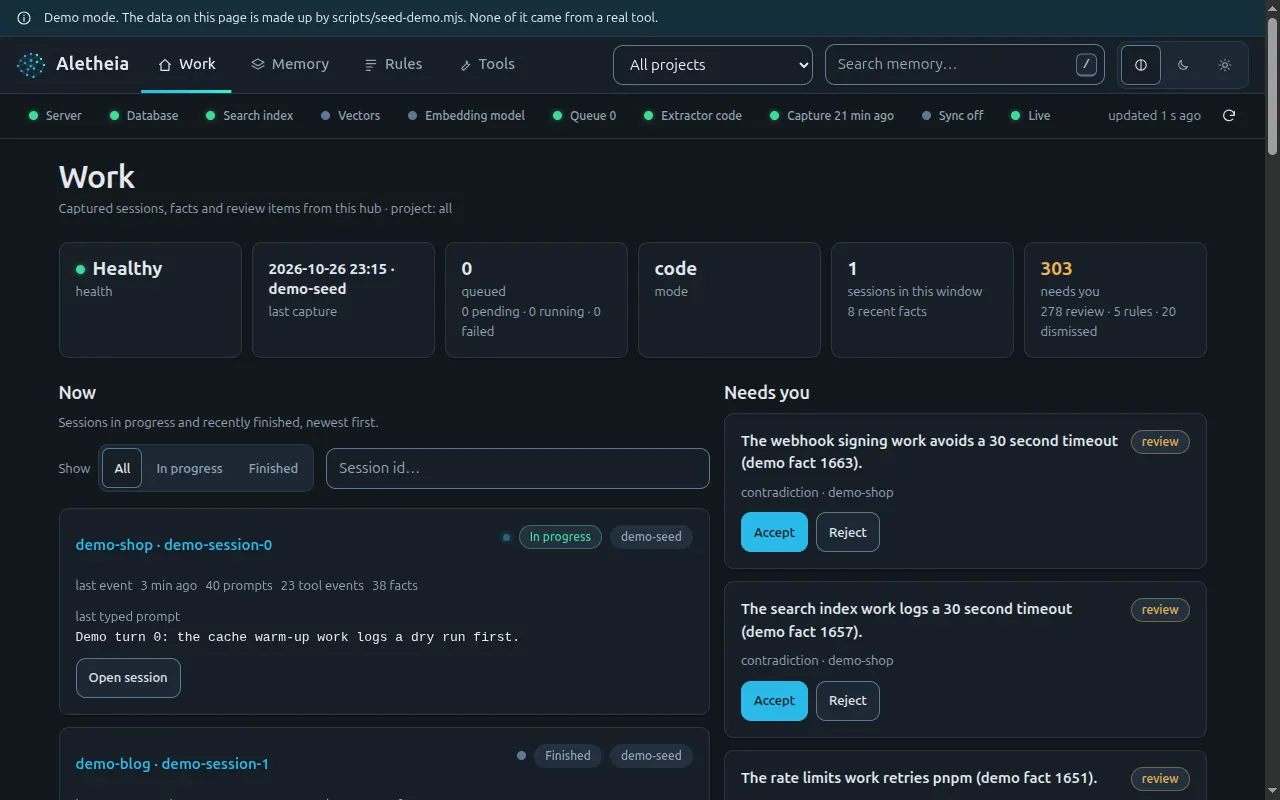 The Work tab: captured sessions, facts and goals