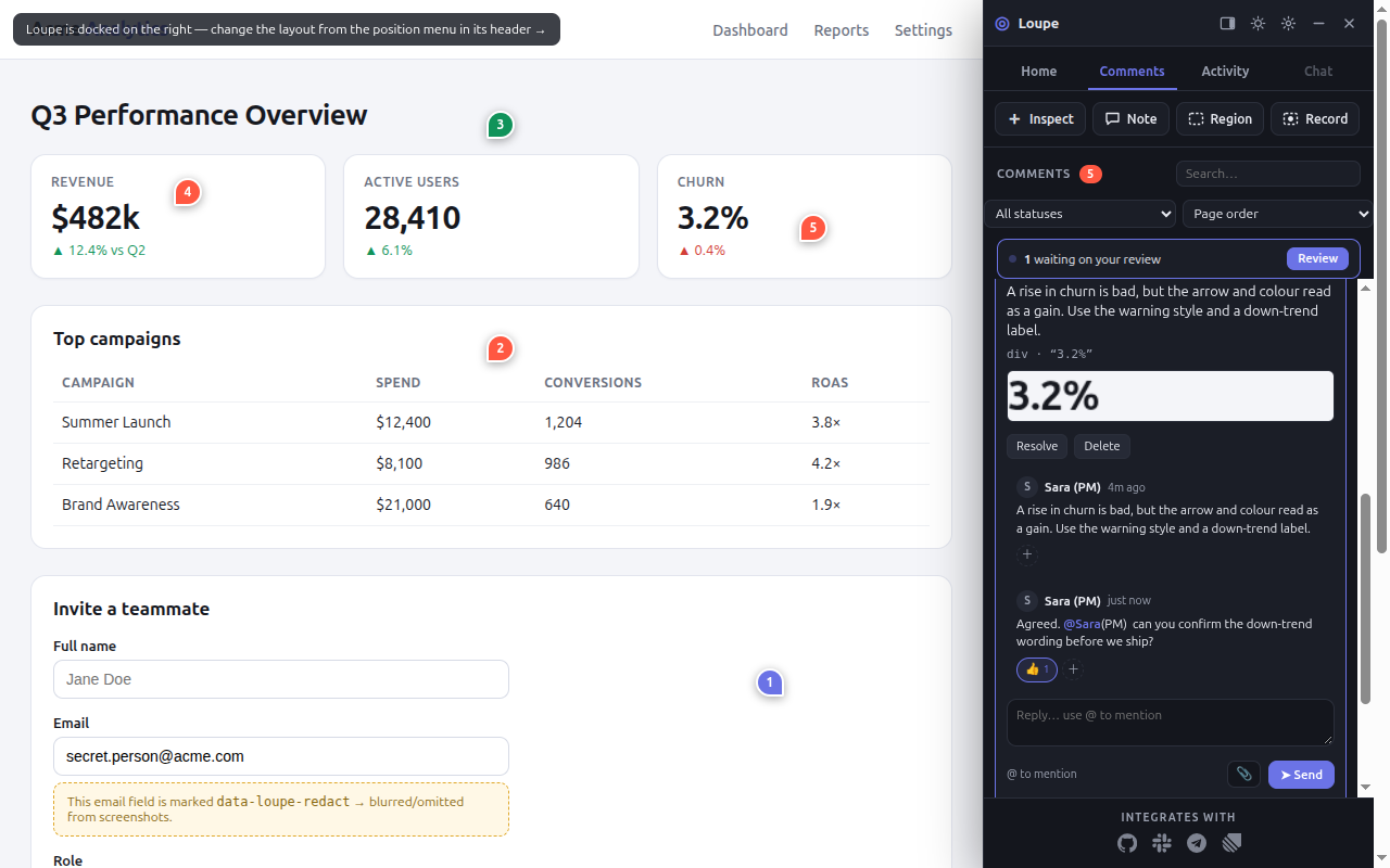 Screenshot of a Loupe comment thread with a screenshot, a reply with an @mention, and a thumbs-up reaction