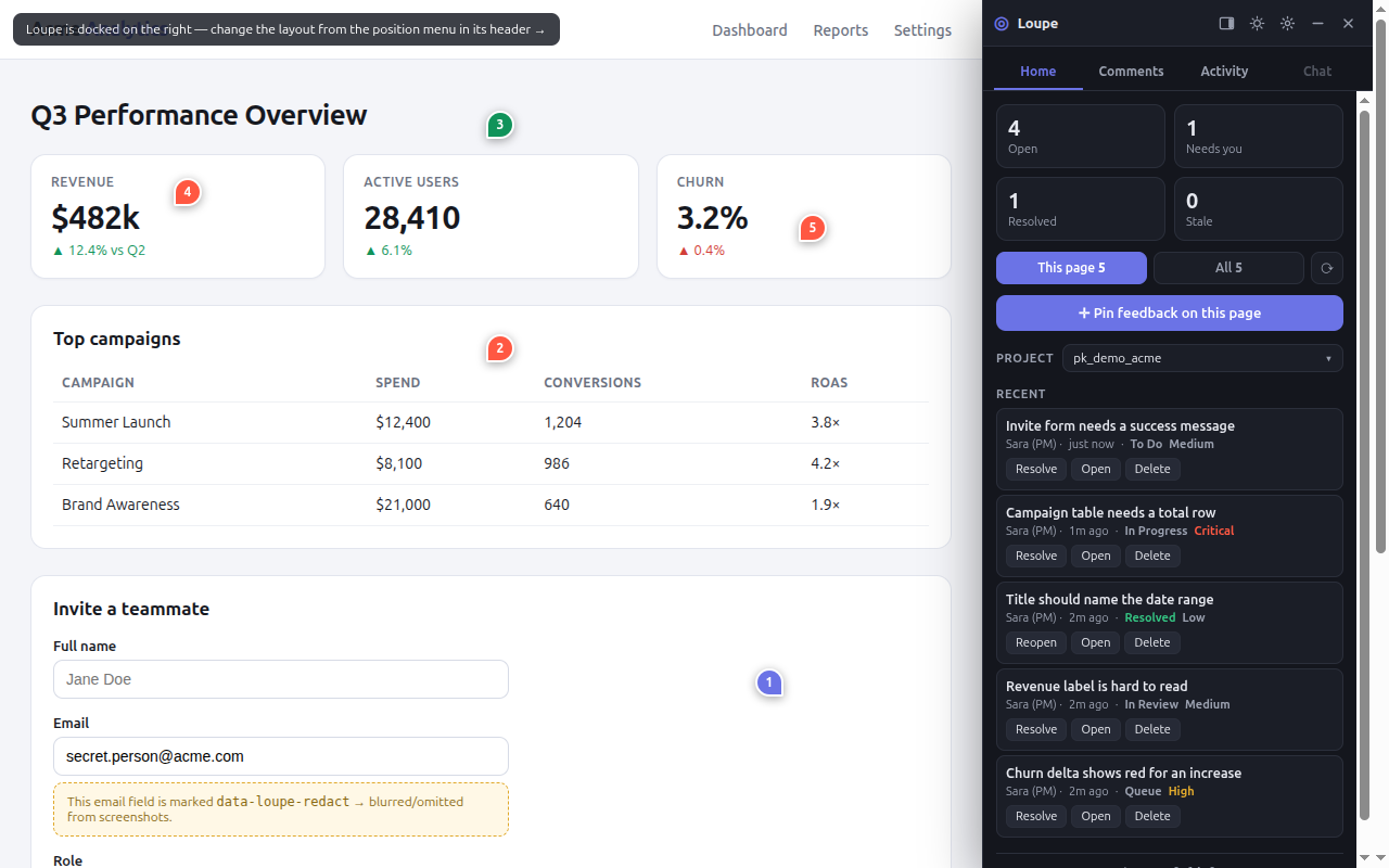 The Loupe panel's Home tab with the Open, Needs you, Resolved and Stale tiles, scope chips, the Pin feedback on this page button, and a feed of recent comments