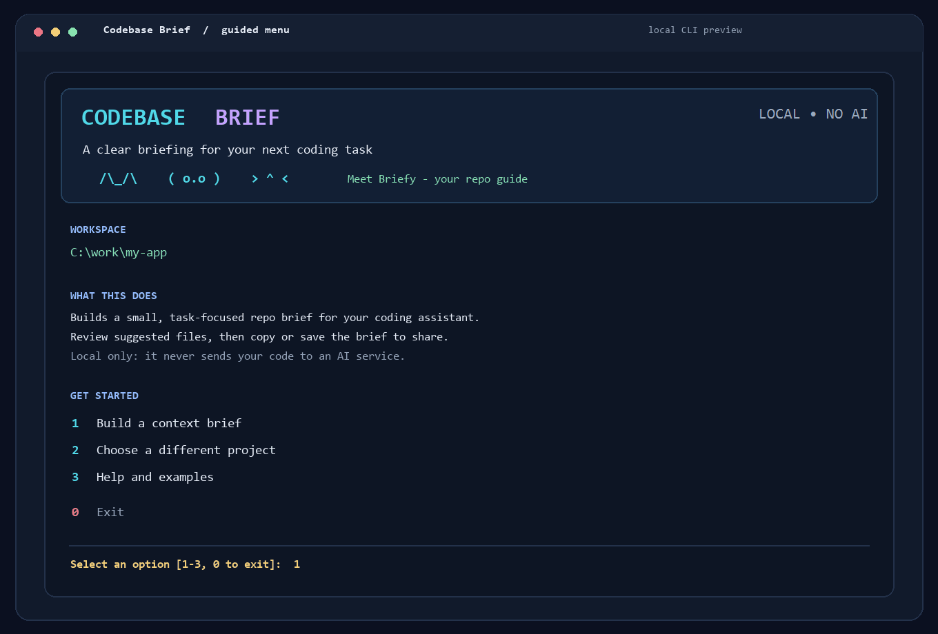Codebase Brief's colorful guided menu
