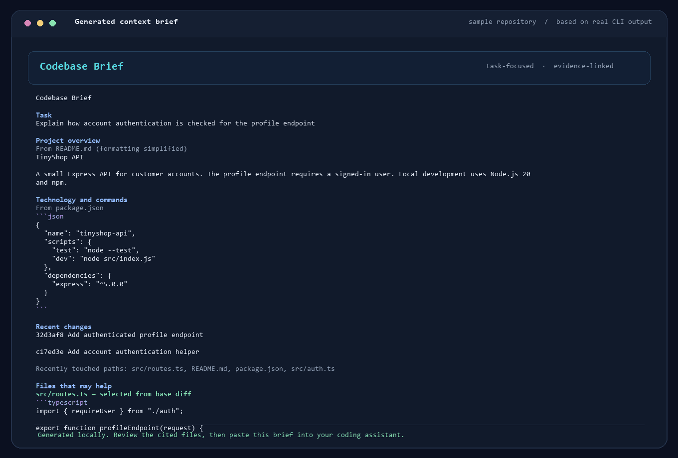 Example context brief showing task, repository details, recent changes, and cited files