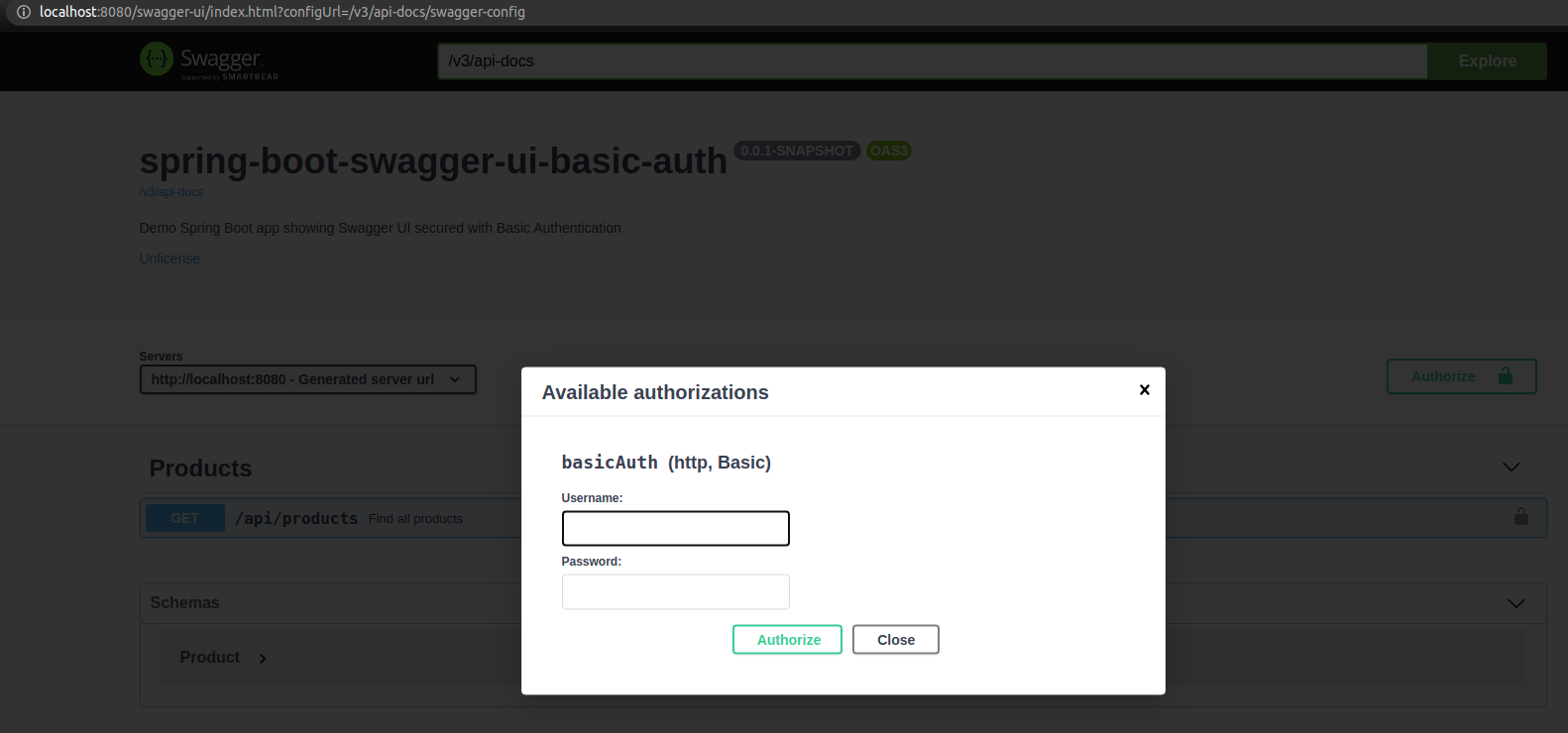 swagger ui with basic auth for endpointsscreenshot