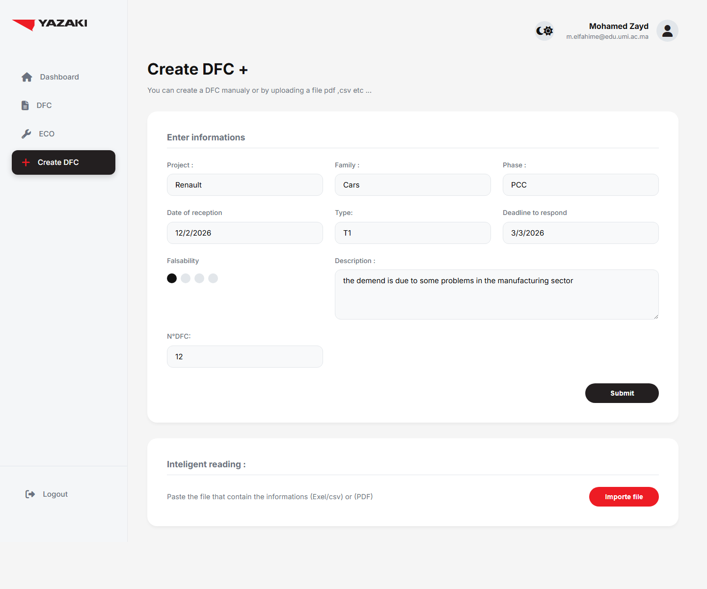 Yazaki DFC create workflow