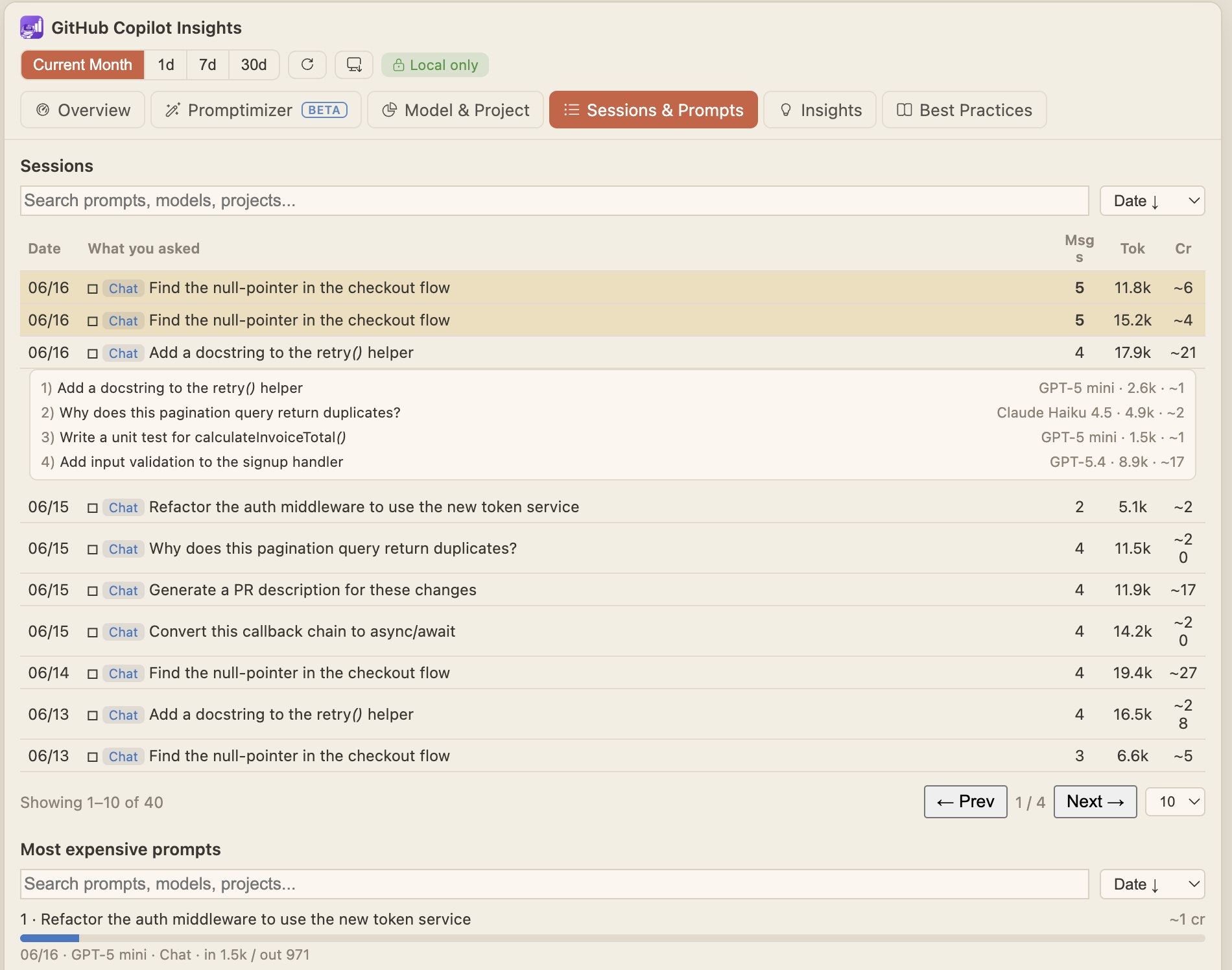 Sessions and Prompts tab