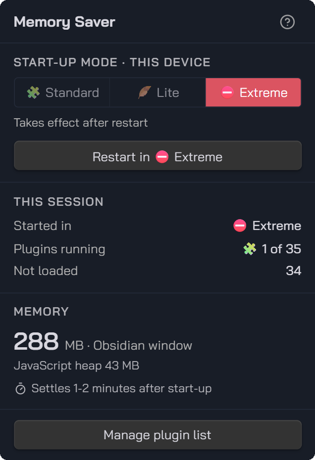 Status bar popup after an Extreme start: 1 of 35 plugins running, 34 not loaded, 288 MB window memory, 43 MB JavaScript heap
