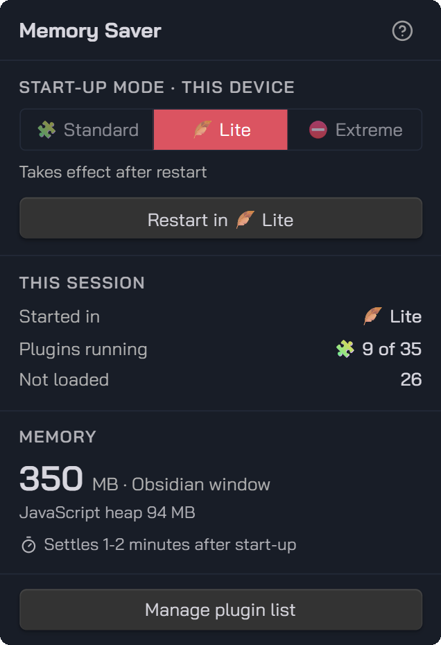 Status bar popup after a Lite start: 9 of 35 plugins running, 26 not loaded, 350 MB window memory, 94 MB JavaScript heap