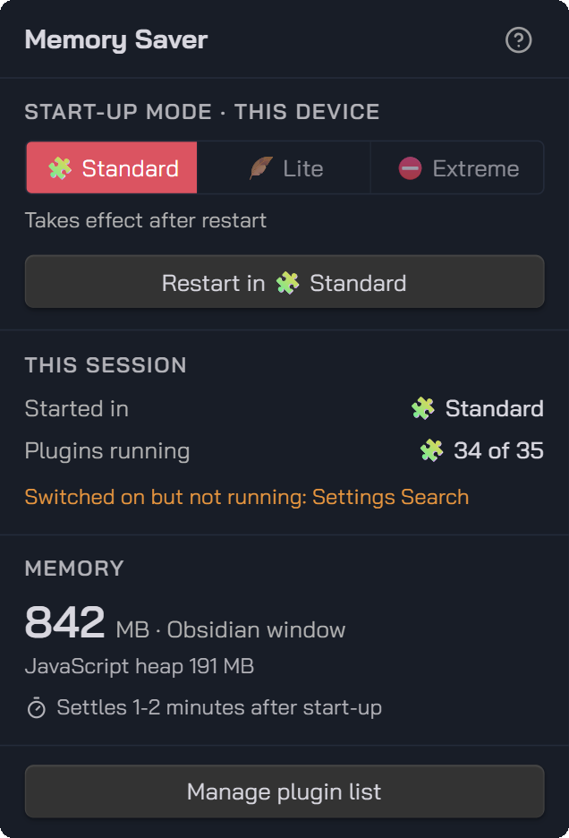 Status bar popup after a Standard start: 34 of 35 plugins running, 842 MB window memory, 191 MB JavaScript heap