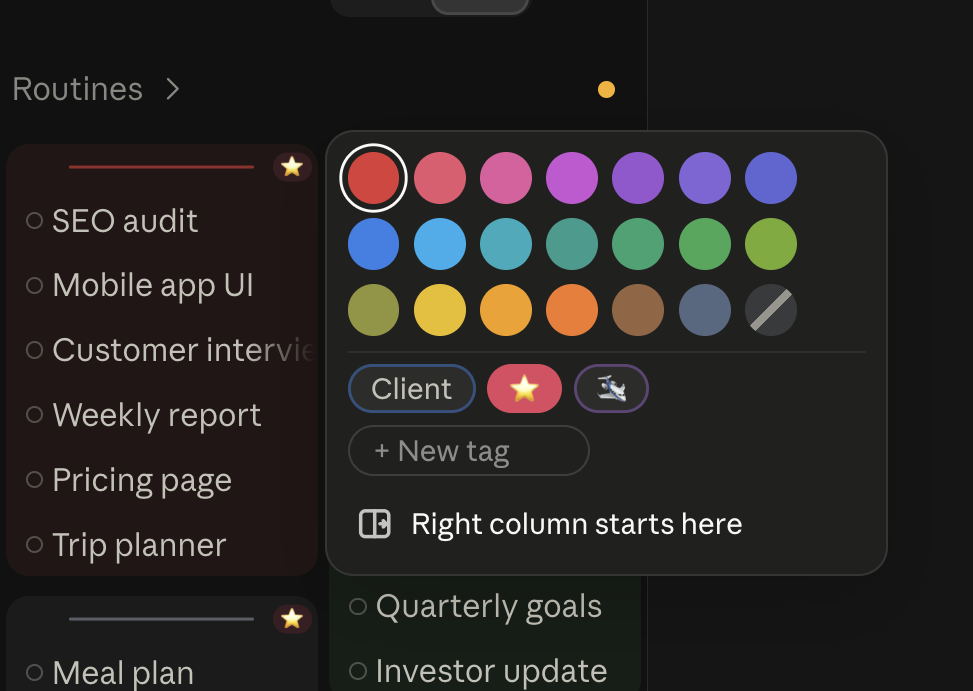 The colour, tag and column menu