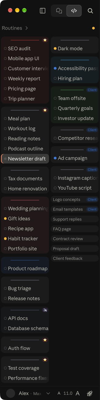The two-column sidebar with project colours and tags