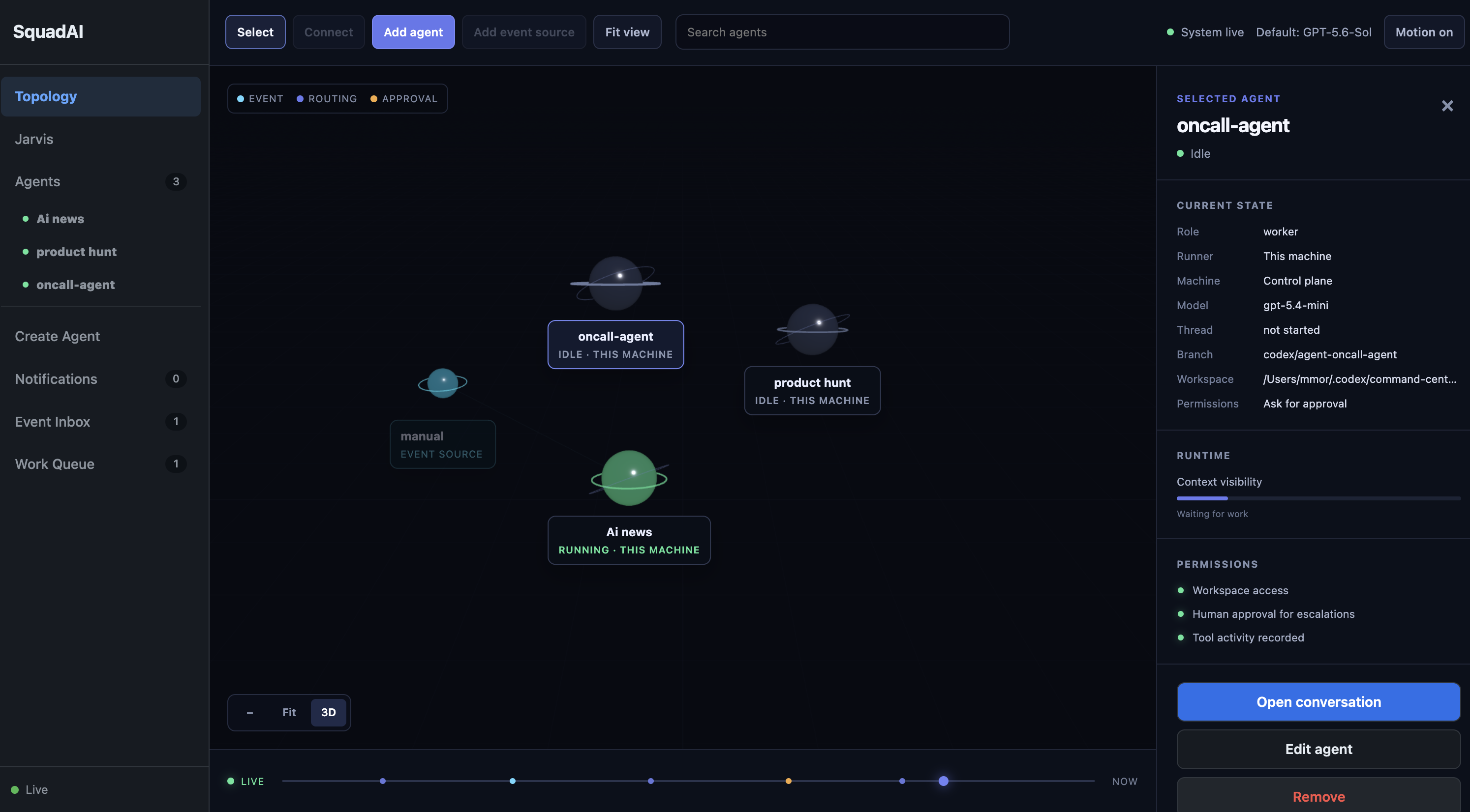 SquadAI live agent topology