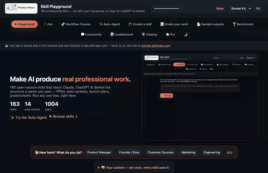 Skill Playground demo — pick a skill, fill the form, run it with your own Claude key