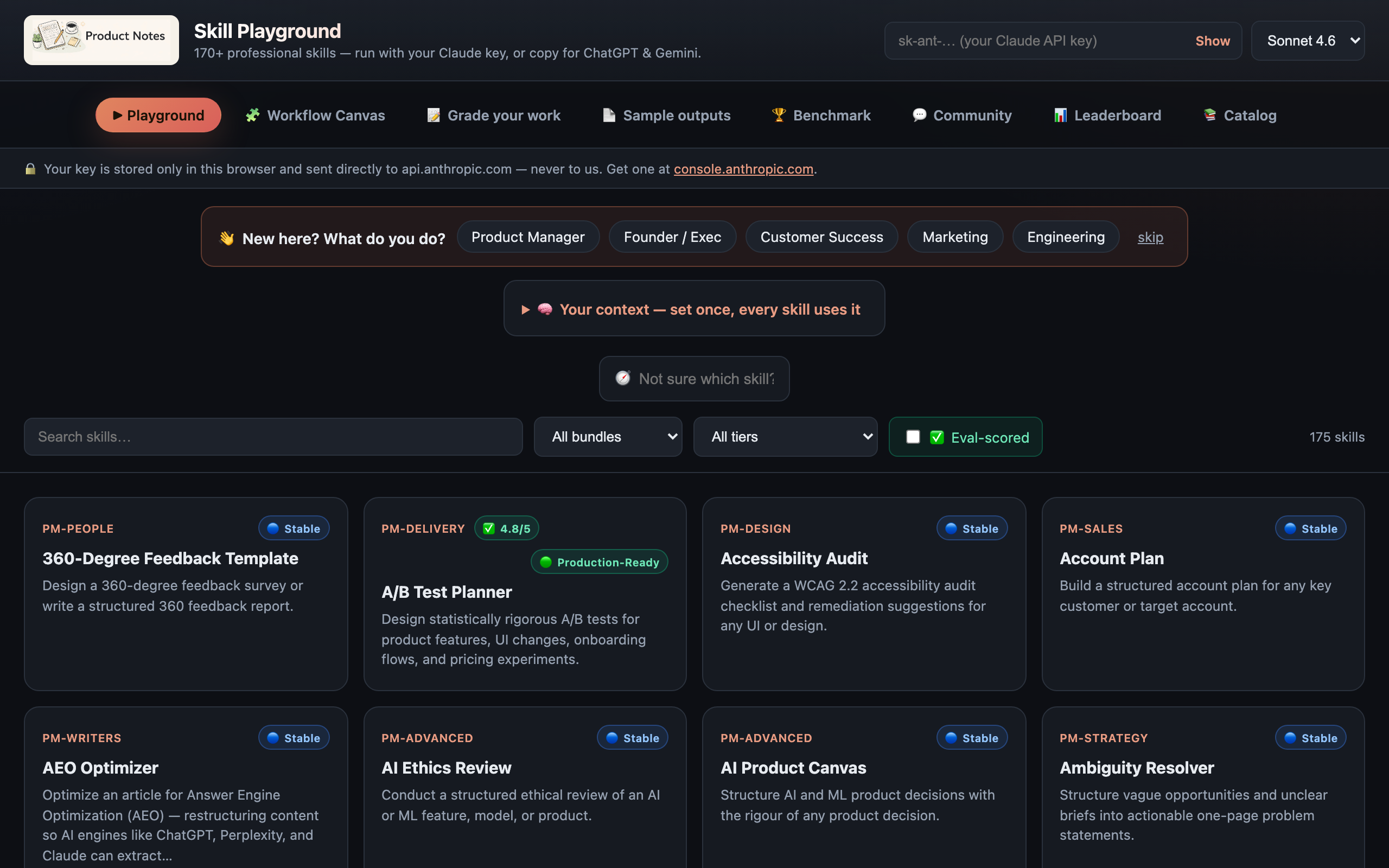 Skill Playground — pick a skill, fill the form, run it with your own Claude key