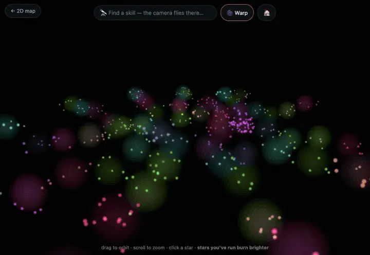Galaxy 3D — fly through all 1153 skills as a glowing constellation you orbit and click into
