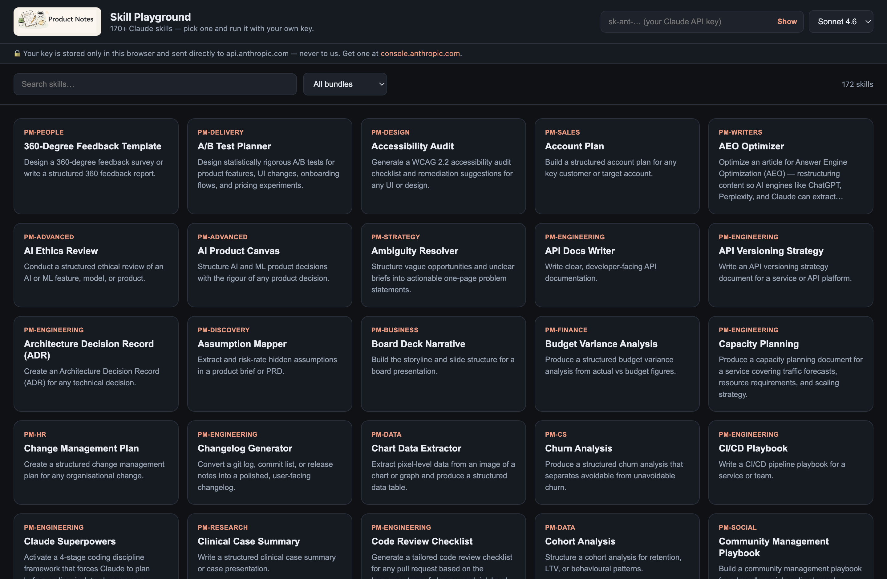 Skill Playground — pick a skill, fill the form, run it with your own Claude key