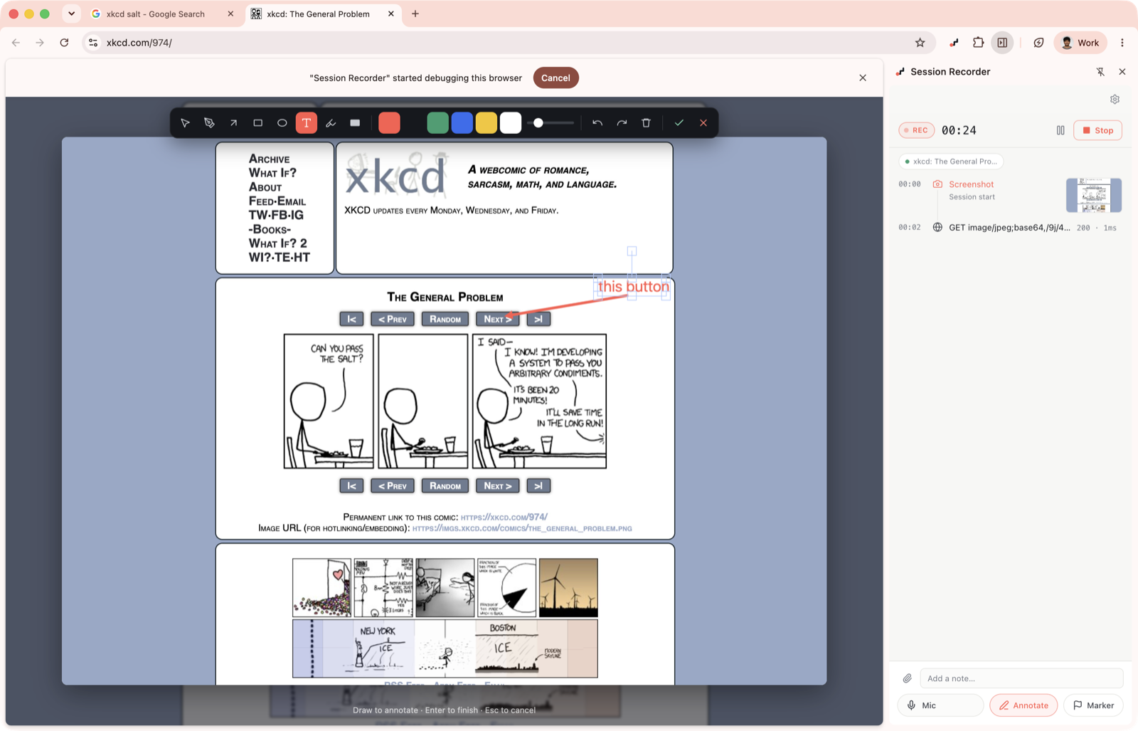 The annotation editor: a toolbar over a frozen screenshot, with a coral arrow and text pointing at a button.
