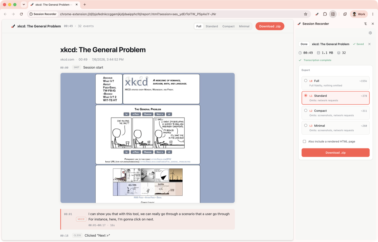 The rendered report with the export panel: four detail levels, each showing a token estimate, and a Download button.