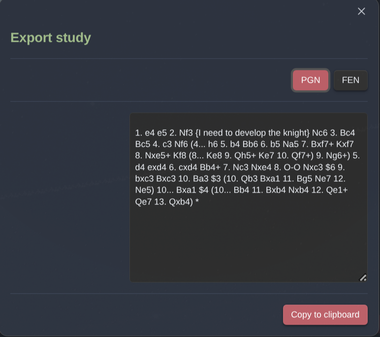 Exporting a repertoire as PGN or FEN