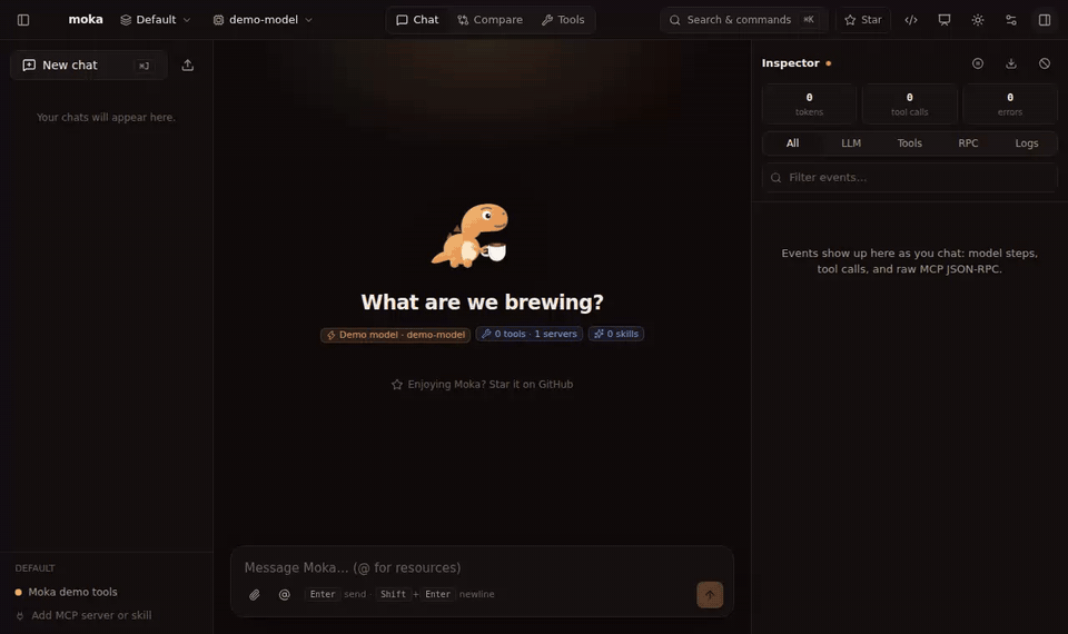 Moka: a chat with MCP tool calls, then the inspector's raw JSON-RPC request and response