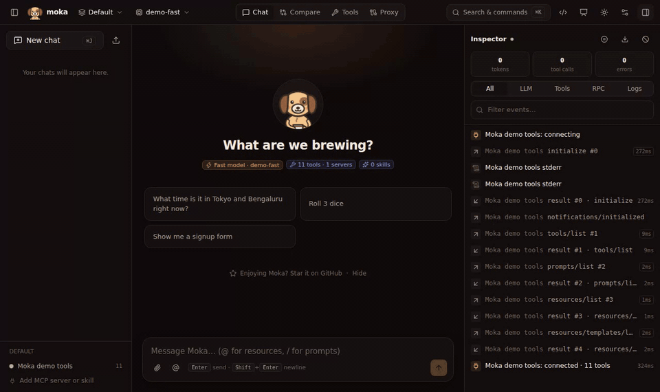 A LangGraph agent over AG-UI shows a drink menu form; picking a cappuccino and pressing Order shows an order card; the inspector shows the graph's state