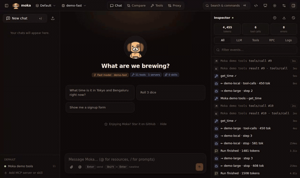 The Tools view: a form for get_time, then slow_backtest with live progress, every call in the inspector