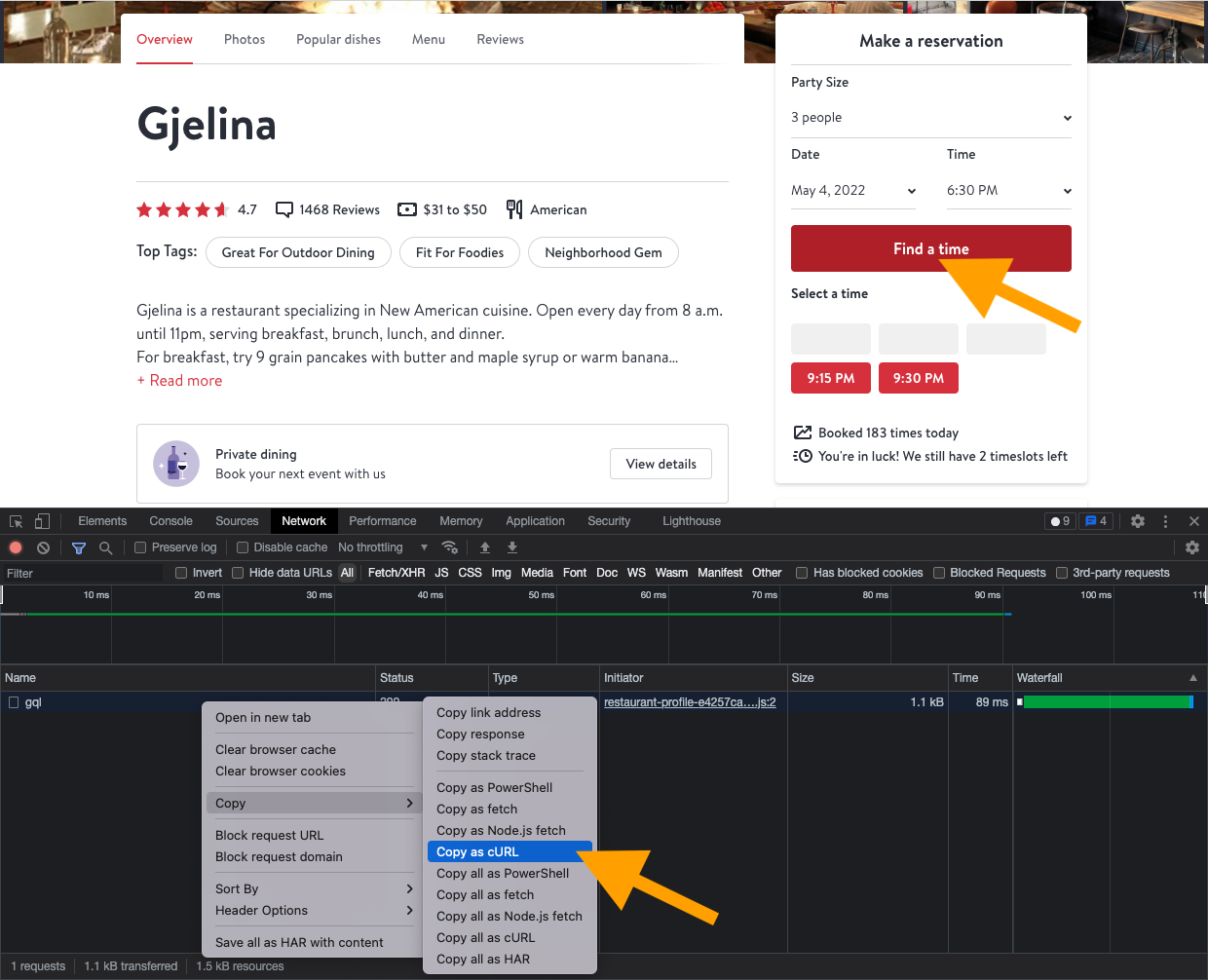 Screenshot showing how to capture the network call that we'll use here