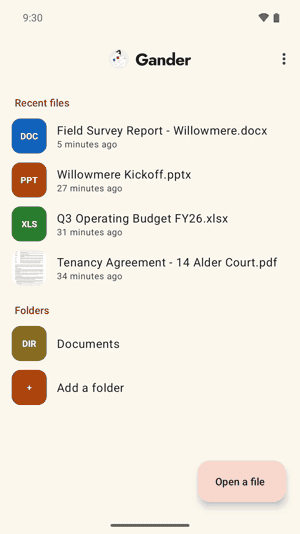 Gander demo: thumbnail recents, folder browsing, PDF, Word, Excel and Markdown viewing