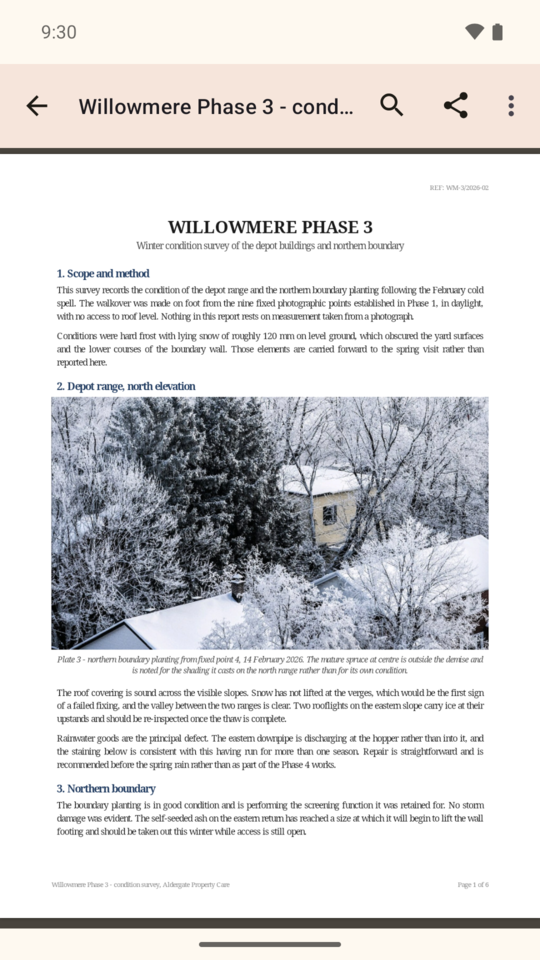 PDF viewer rendering a site survey report with a photographic plate