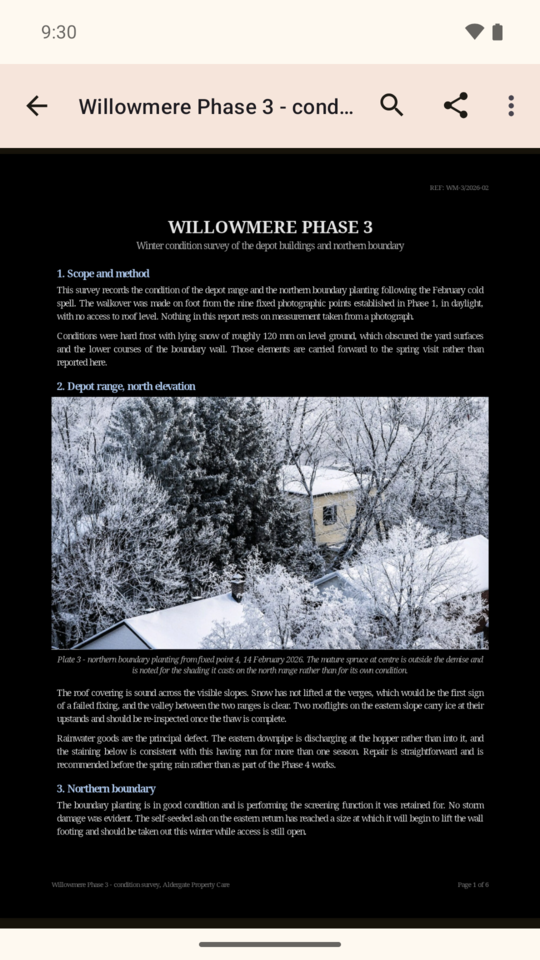 The same page with night mode on: the paper is black and the text white, the blue headings are still blue, and the photograph is left exactly as it was printed