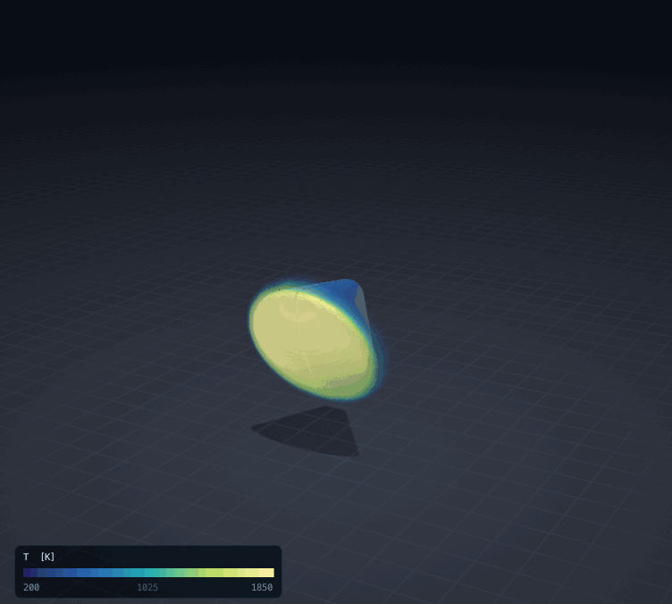 An Apollo-shaped capsule at its trim angle in a hypersonic stream, its bow shock and wake in 3D