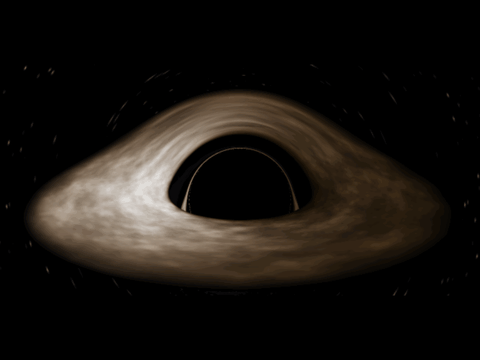 A black hole with a thin disk of glowing gas, its far side bent over the top of the shadow