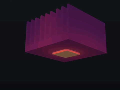 A finned steel heat sink warms from the pad at its base as 20 W flows in