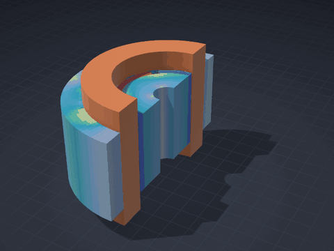 An electric motor cut open in 3D: stator iron coloured by flux density, copper end windings, the rotor spinning up