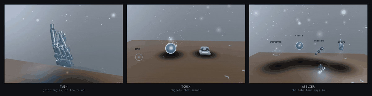 Three modes of the AR layer running: the hand twin seen from a moving viewpoint, a touch object deforming under contact, and the atelier hub with its four reachable objects