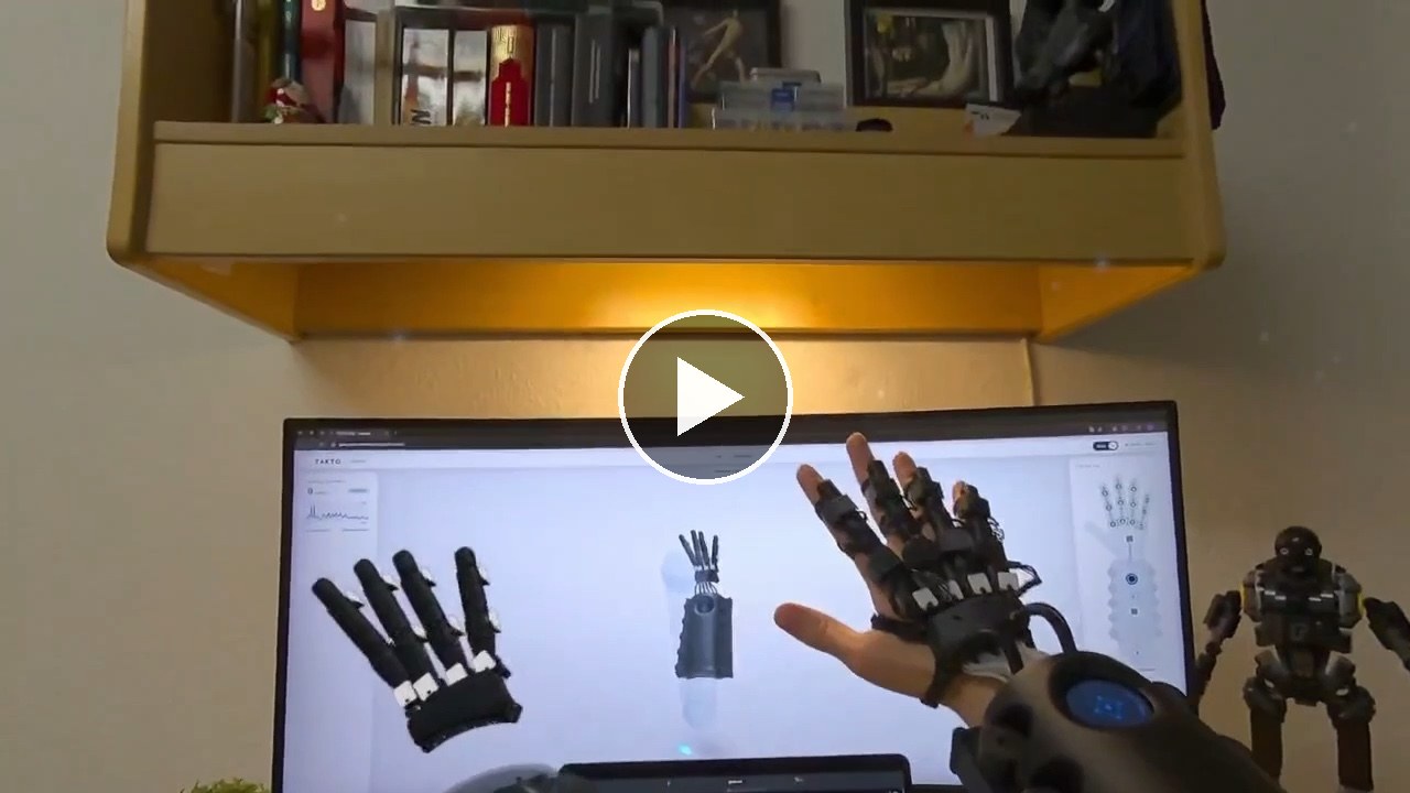 Recorded through a Quest headset: the TAKTO twin floats beside the real device, with the web twin on the monitor behind