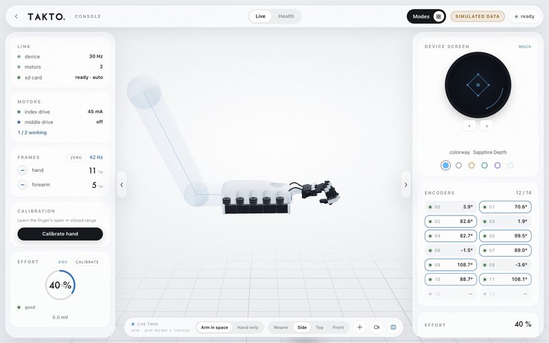 The takto.one console: the whole arm in space, side view, the fingers closing and opening while the encoder channels and the effort gauge update, labelled SIMULATED DATA