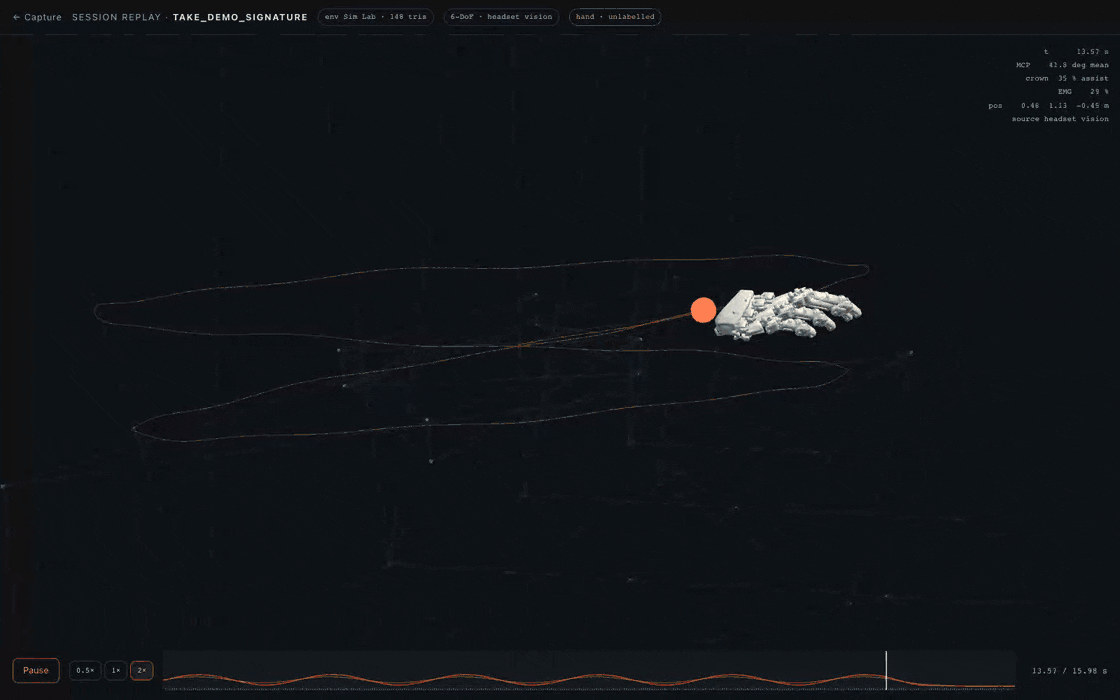 A recorded take replaying: the device hand banking along its full trajectory ribbon through a wireframe room, with live joint, effort and position read-outs