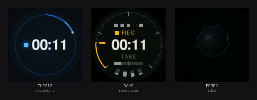 The thesis face and the two design studies animating: boot sequences, then recording counters and an idle face in motion