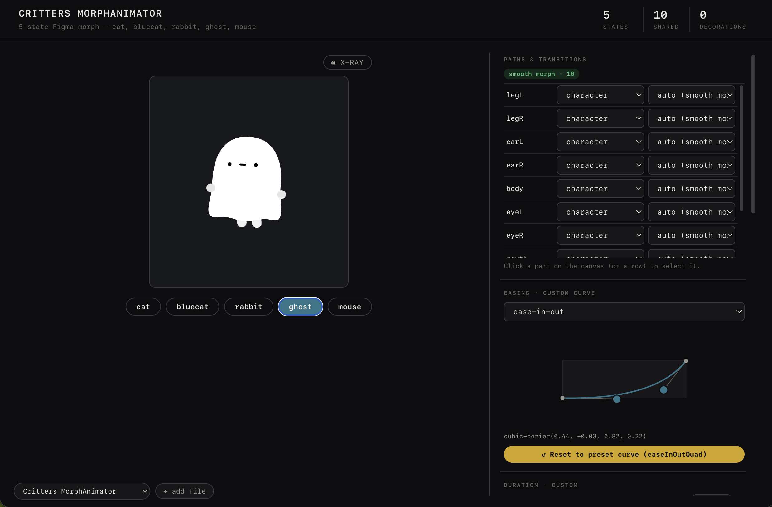 Animator Studio showing a live SVG character, per-path controls, and an editable easing curve