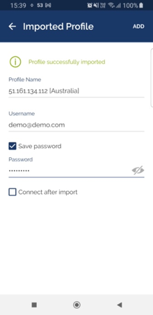 OpenVPN app with credentials entered and a connected session