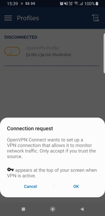 OpenVPN app importing the downloaded BelkaVPN profile