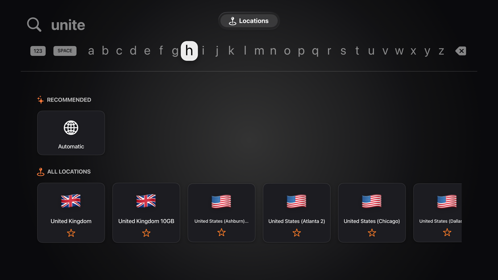 Searching for a location in BelkaVPN on Apple TV