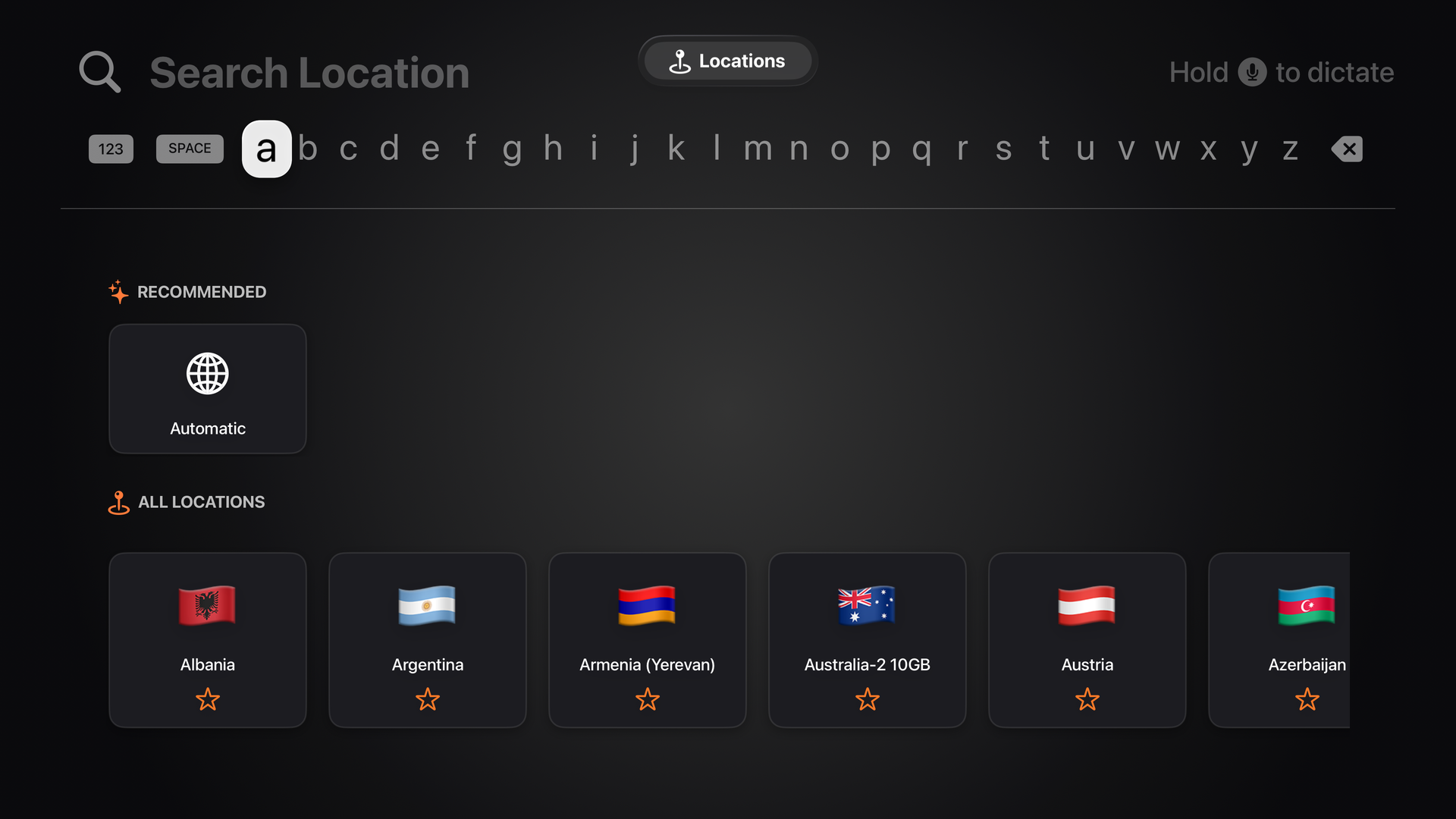 BelkaVPN location list on Apple TV